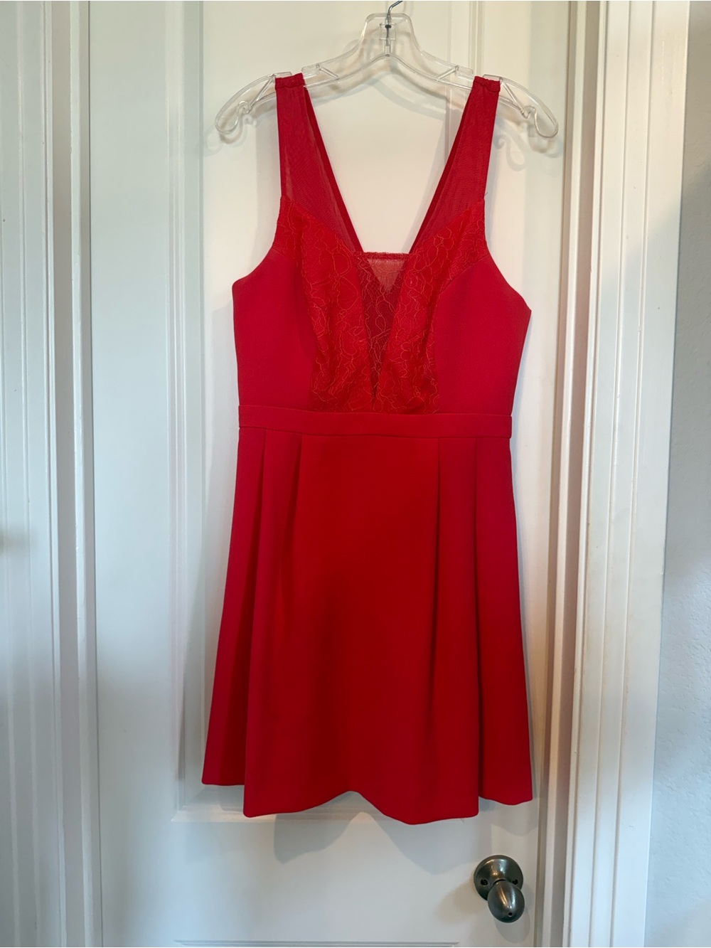 BCBGeneration Red V-Neck Lace Inset Fit & Flare Mini Dress
